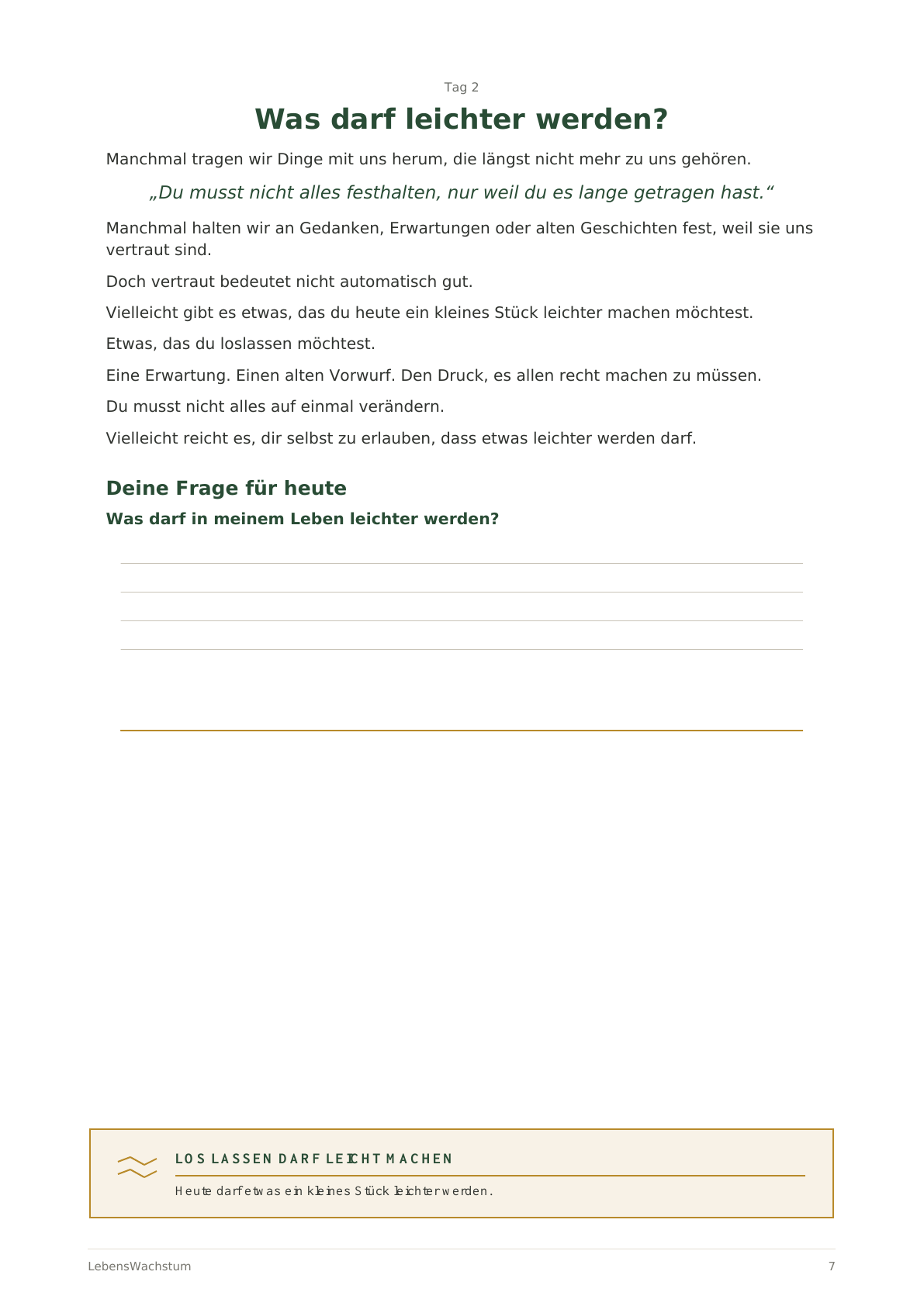 Originalseite aus dem E-Book 7 Tage LebensWachstum – Tag 2: Was darf leichter werden?